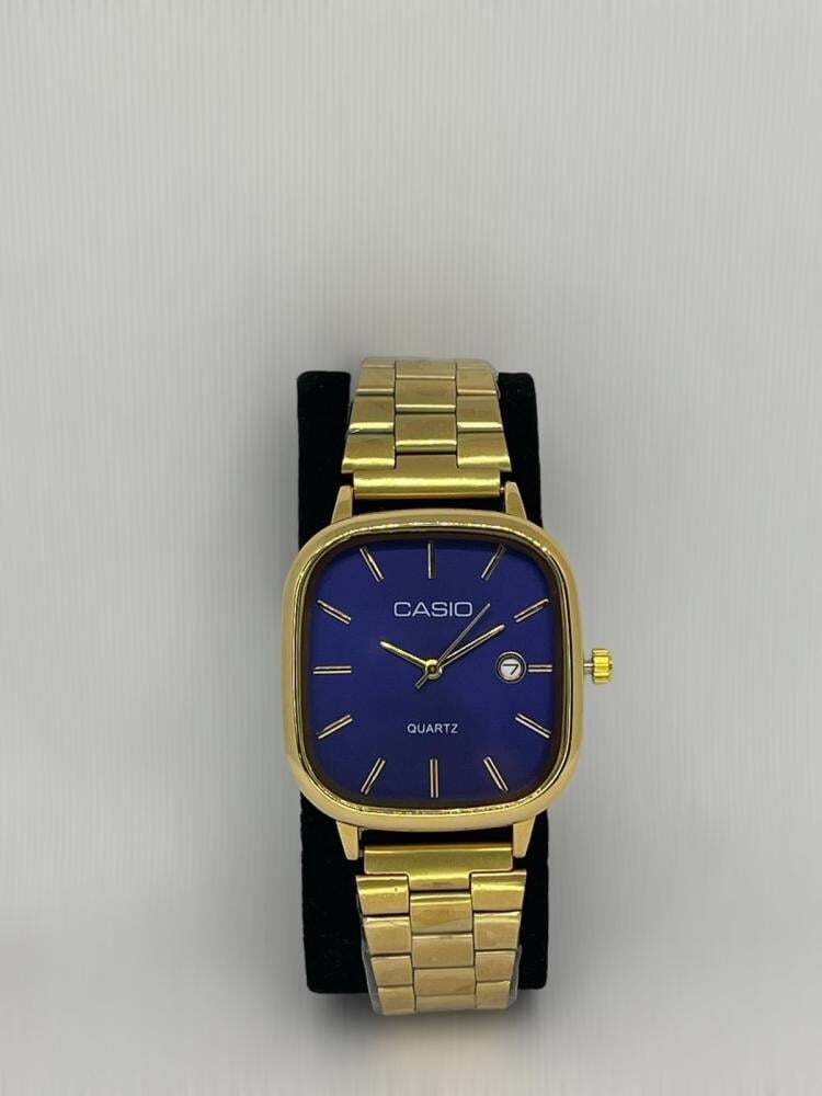 ساعة كاسيو رجالي اطار ذهبي ميناء أزرق