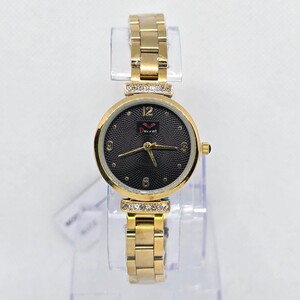 ساعة نسائية ميناء دائري أسود و سوار ذهبي مفصص