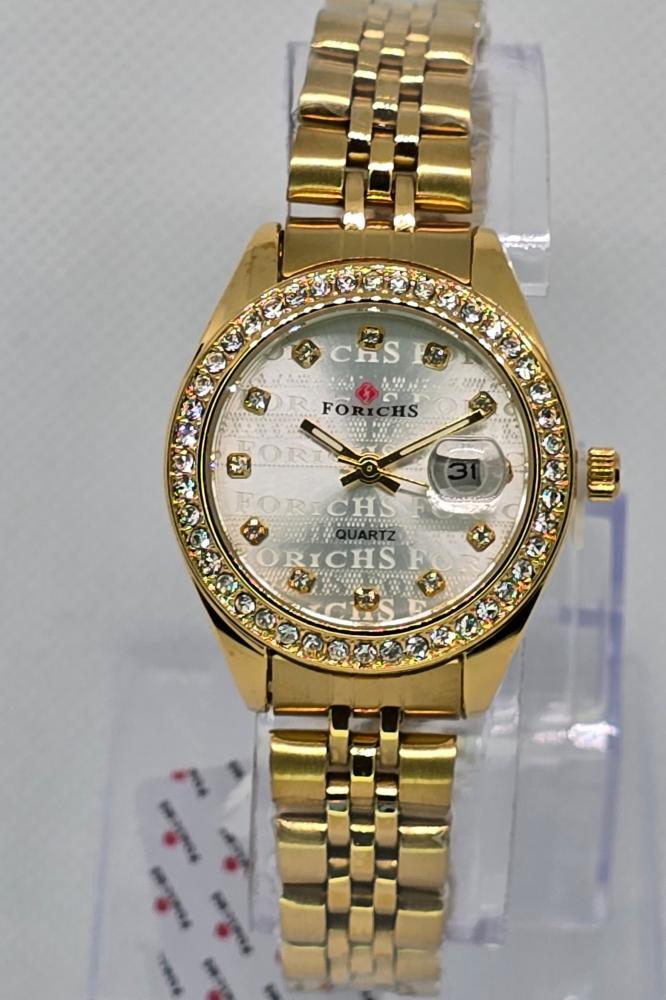 ساعة نسائية ميناء رصاصي مرسوم و سوار ذهبي