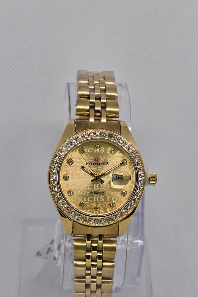 ساعة نسائية ميناء دائري رصاصي مفصص و سوار ذهبي