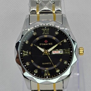 ساعة رجالي كوارتز إطار رصاصي مخطط ذهبي و ميناء أسود