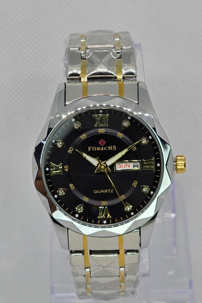 ساعة رجالي كوارتز إطار رصاصي مخطط ذهبي و ميناء أسود