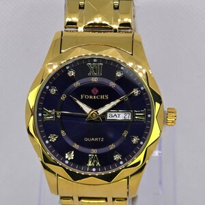 ساعة رجالي كوارتز ميناء كحلي و سوار ذهبي