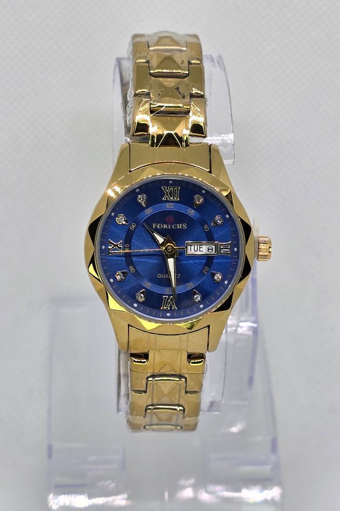 ساعة نسائية كوارتز ميناء أزرق و سوار ذهبي