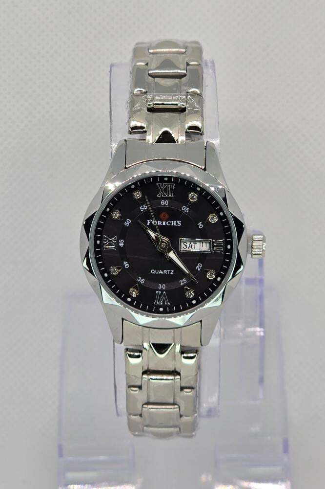 ساعة نسائية كوارتز ميناء أسود و سوار رصاصي