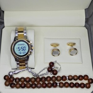 طقم وقت الرفاهية ( ساعة الفجر - كبك ذهبي - سبحة بني )