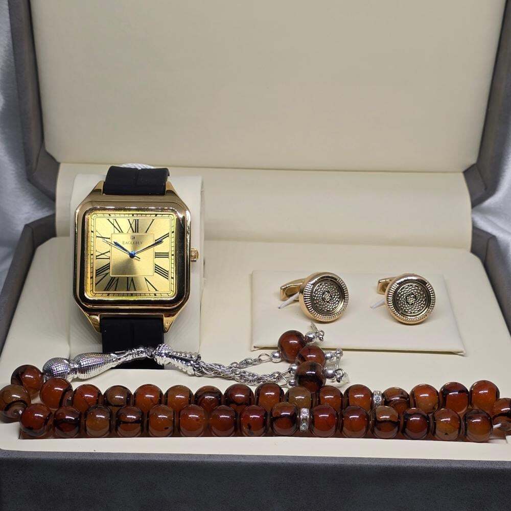 طقم وقت الرفاهية ( ساعة كلاسيك أسود و ذهبي - كبك - سبحة بني و أسود)