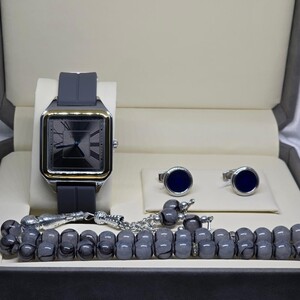 طقم وقت الرفاهية ( ساعة كلاسيك رمادي - كبك - سبحة رمادي و اسود )