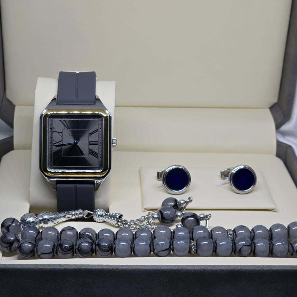 طقم وقت الرفاهية ( ساعة كلاسيك رمادي - كبك - سبحة رمادي و اسود )