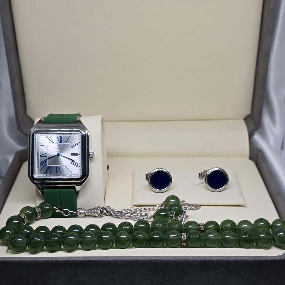 طقم وقت الرفاهية ( ساعة كلاسيك أخضر فاتح - كبك - سبحة أخضر فاتح )