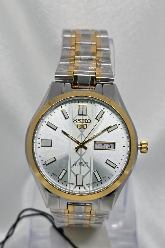 ساعة SEIKO اوتوماتيك رجالي اطار رمادي مخطط ذهبي